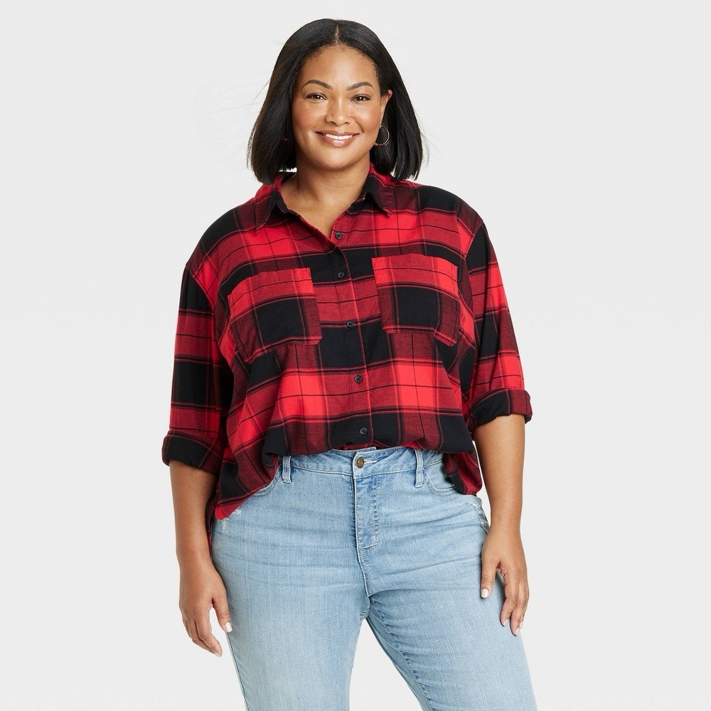 Ava & Viv Red Plaid Button Down Shirt